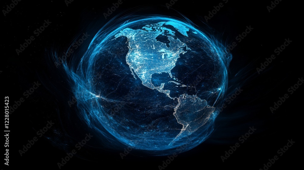 A luminous depiction of Earth with clearly visible continents from space, showing glowing lights, representing global connectivity and earth's natural beauty in celestial view. A luminous depiction of Earth with clearly visible continents from space, showing glowing lights, representing global connectivity and earth's natural beauty in celestial view.