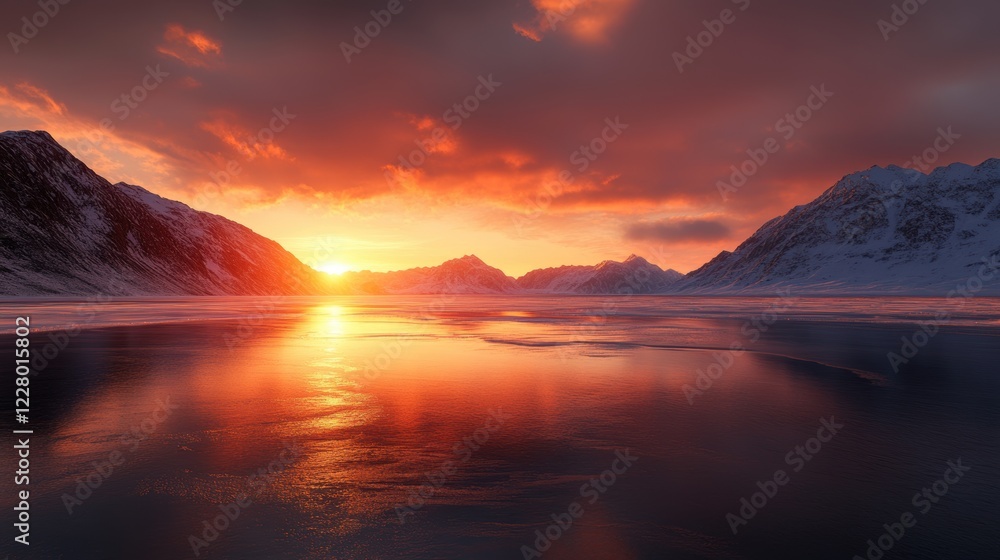 Beautiful majestic landscape with snow covered forest and lake Beautiful majestic landscape with snow covered forest and lake