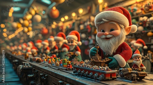 Santa Toy Factory Operation With Elf Helpers Working On Toy Assembly Line.