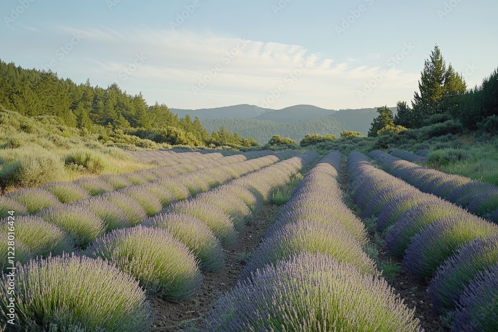 Fototapeta premium Lavender Fields Stretching into Distant Horizon Light