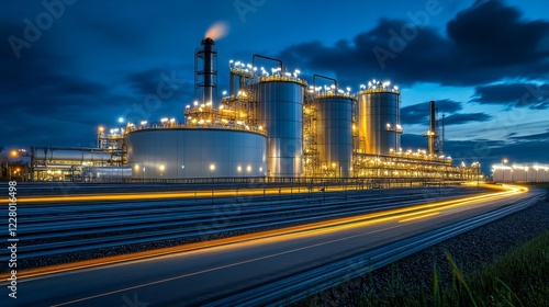 A large industrial plant emits light against a dark night sky, with dramatic clouds creating a striking contrast and long light streaks from vehicles in motion.