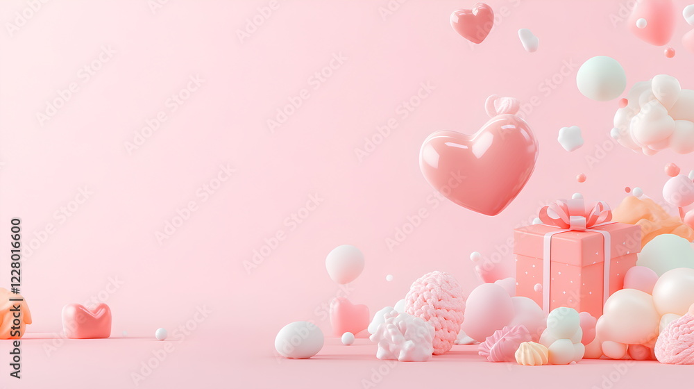 Valentine's 3D Render of Heart and Gift on Pink Background Valentine's 3D Render of Heart and Gift on Pink Background