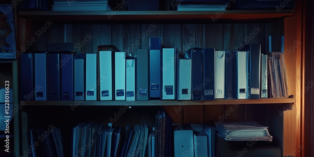 A shelf of neatly stacked file folders. A shelf of neatly stacked file folders.