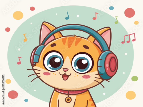 Adorable cat is wearing a headphone and listening to music