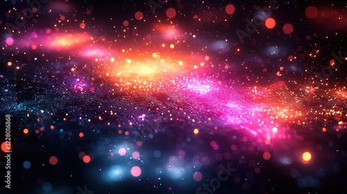 A vibrant cosmic scene filled with colorful stars and glowing particles.