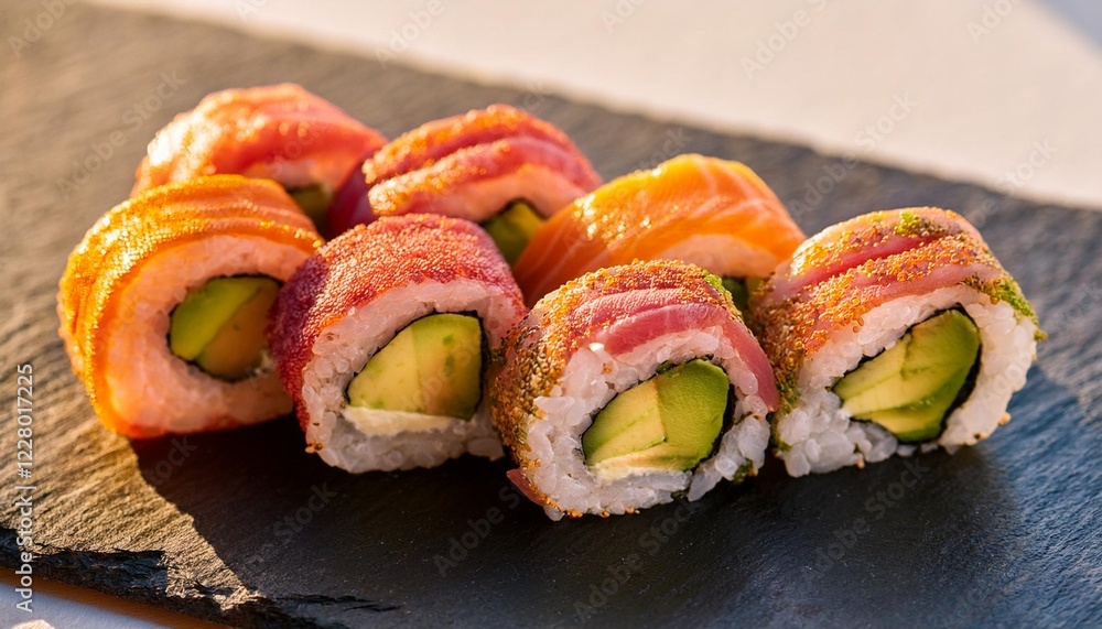 A colorful sushi platter with fresh salmon, tuna, and avocado rolls, beautifully arranged on a black slate plate. A colorful sushi platter with fresh salmon, tuna, and avocado rolls, beautifully arranged on a black slate plate.