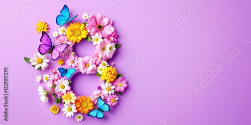 8 March background with spring flowers on purple background. International Women's Day celebration, greeting card design with colorful wildflowers. Flat lay, top view with copy space