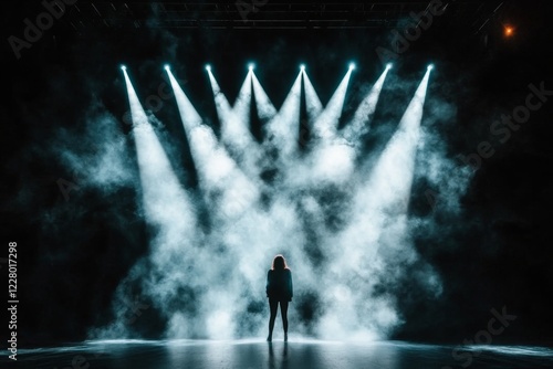 A flat 2D illustration of a person standing under a spotlight on an otherwise blank stage, greatly emphasized in the scene photo