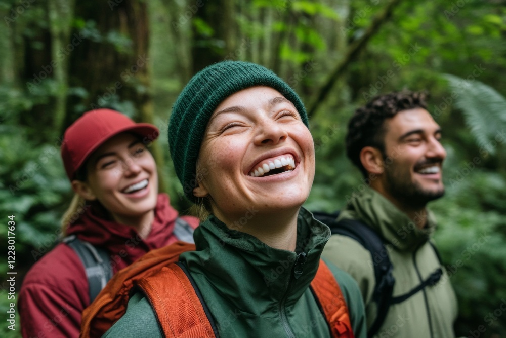 Joyful Forest Exploration Diverse Friends in Vibrant Outdoor Gear Amid Lush Greenery - Modern Lifestyle Promotion and Inclusive Nature Tourism Marketing