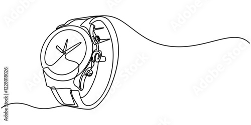 Watch line art drawing, chronograph watch icon, hand watch icon continuous one line drawing, Watch Continuous Line Art Illustration, Vector illustration of hand watch isolated on white background. 