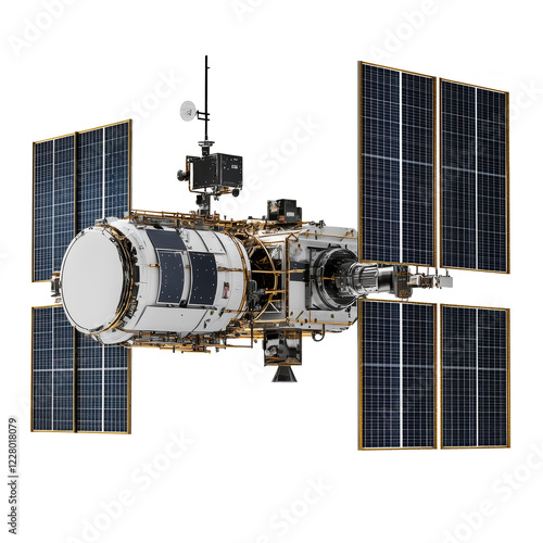 Fototapeta Naklejka Na Ścianę i Meble -  Detailed space station with solar panels, isolated on a transparent background. High-tech spacecraft for research and exploration, featuring intricate design and advanced technology.