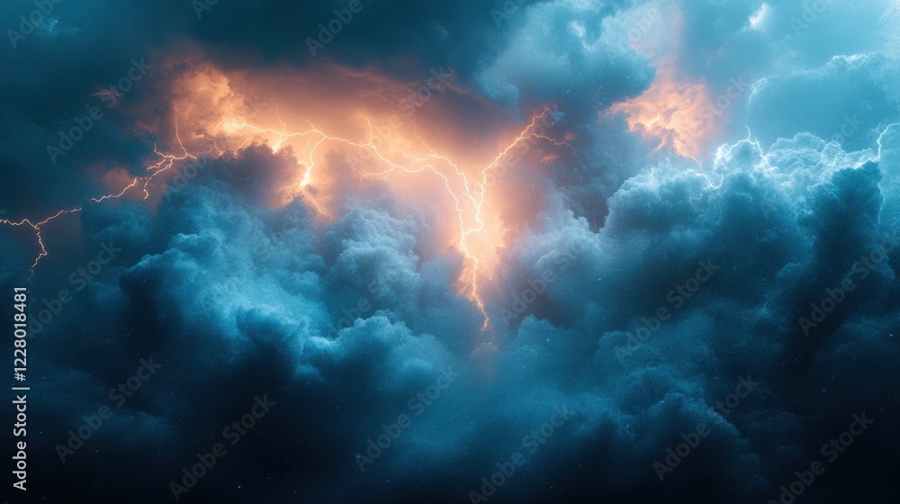 Fototapeta premium Dramatic thunderstorm lightning strikes nature visual art cloudy atmosphere aerial perspective