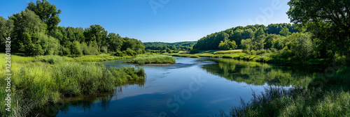 Tranquility in Nature: Serene River with Lush Greenery and Rolling Hills Under Clear Blue Sky
