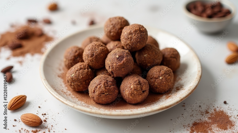 Delicious cocoa nutty protein balls made with almonds and cocoa powder Delicious cocoa nutty protein balls made with almonds and cocoa powder