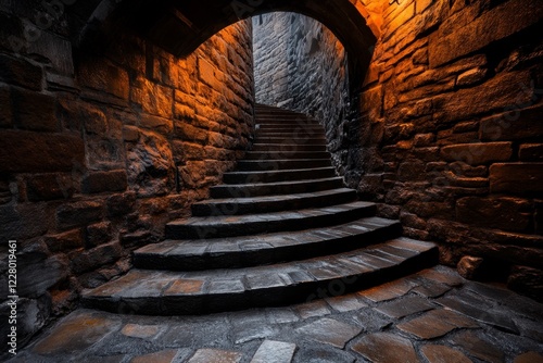 A lengthy staircase in an old castle, winding upwards into darkness, with a faint glow of light at the top photo