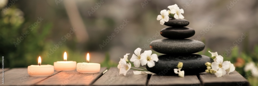 A banner depicting a multitude of smooth dark stones decorated with delicate white flowers and illuminated by the soft light of candles. A banner with space for the text. The background is blurred. A banner depicting a multitude of smooth dark stones decorated with delicate white flowers and illuminated by the soft light of candles. A banner with space for the text. The background is blurred.