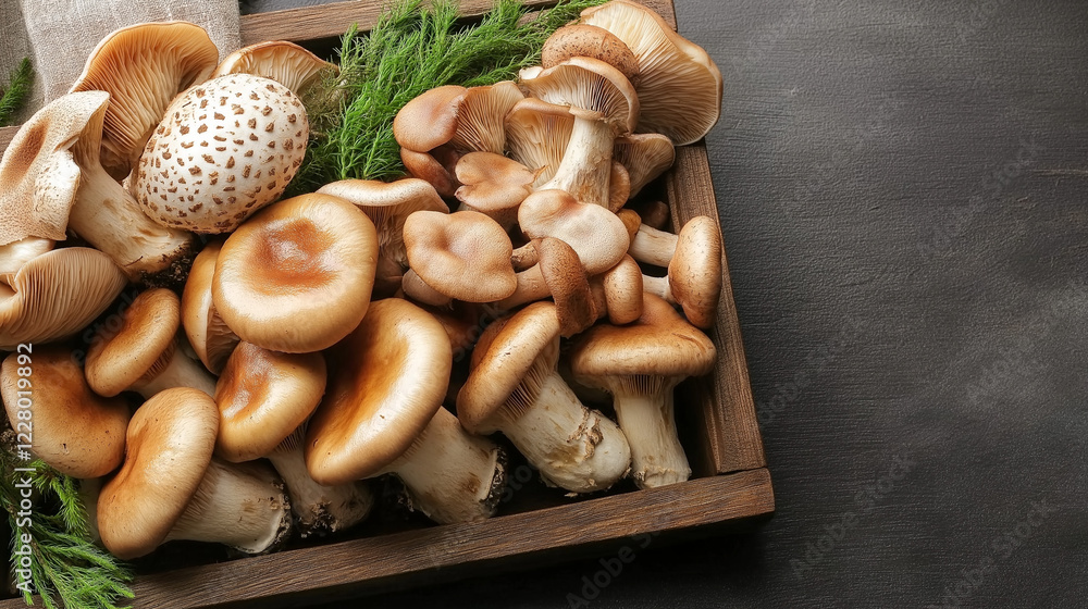 Assorted mushrooms with herbs on dark surface. Perfect for gourmet cooking and fresh ingredients. Assorted mushrooms with herbs on dark surface. Perfect for gourmet cooking and fresh ingredients.