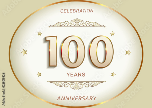 100 years anniversary celebration, greeting card, festive background with jubilee numerals in golden oval frame with stars and pattern. Vector illustration