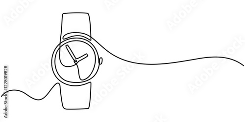 Watch line art drawing, chronograph watch icon, hand watch icon continuous one line drawing, Watch Continuous Line Art Illustration, Vector illustration of hand watch isolated on white background. 