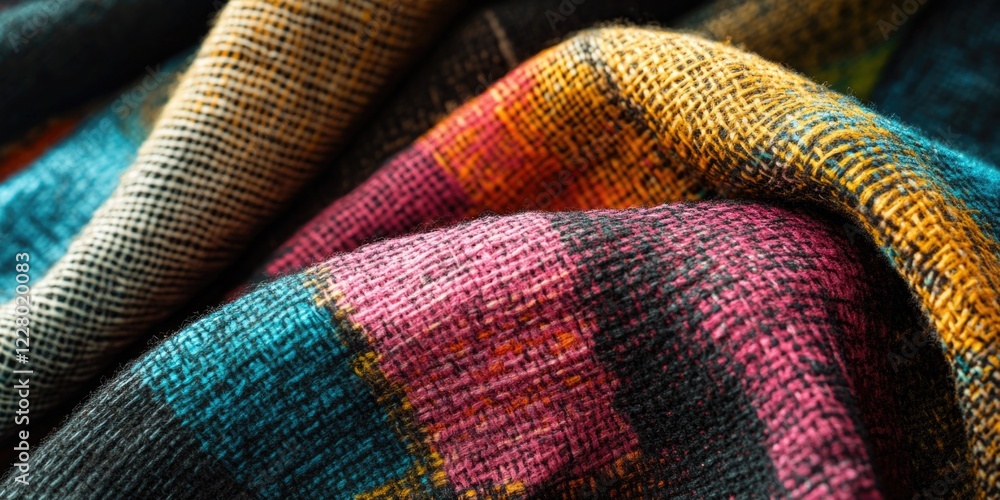 Close up of a handwoven textile with vivid colors and intricate patterns, suitable for home decor, accessories or wall art. Close up of a handwoven textile with vivid colors and intricate patterns, suitable for home decor, accessories or wall art.