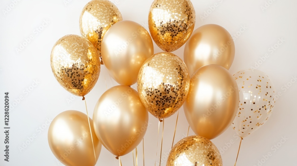 A Bunch Of Gold And Champagne-Colored Balloons, Some With Glitter, Create A Celebratory Atmosphere. A Bunch Of Gold And Champagne-Colored Balloons, Some With Glitter, Create A Celebratory Atmosphere.