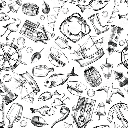 Sea lighthouse, fishing boat, cabin, ship and fishing equipment. Graphic illustration on nautical theme hand drawn line art in black and white monochrome. Seamless pattern
