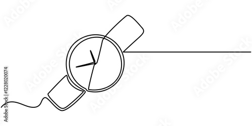 Watch line art drawing, chronograph watch icon, hand watch icon continuous one line drawing, Watch Continuous Line Art Illustration, Vector illustration of hand watch isolated on white background. 