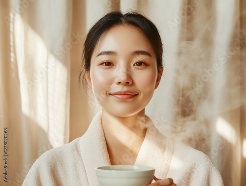 Sustainable Korean Beauty Ritual Herbal Steam Facial in Sunlit Home Spa - Holistic Skincare for Relaxation and Modern Wellbeing Content Creation photo