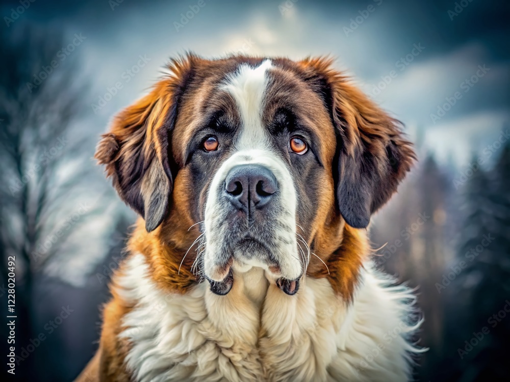 Majestic Saint Bernard Dog Winter Portrait - Black and White Stock Photo Majestic Saint Bernard Dog Winter Portrait - Black and White Stock Photo