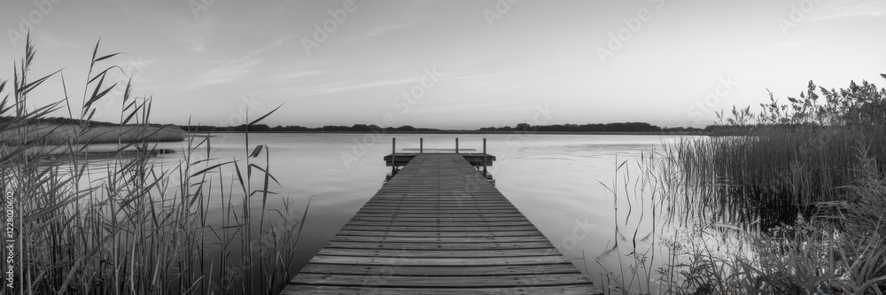 Naklejka premium A black and white image of a lake at sunset, over which a flock of birds flies. There is a wooden pier in the foreground, and tall grass grows along the water's edge. A banner with space for the text.