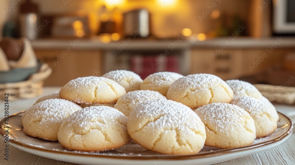 Freshly baked cookies covered with icing sugar on a plate in the kitchen Freshly baked cookies covered with icing sugar on a plate in the kitchen