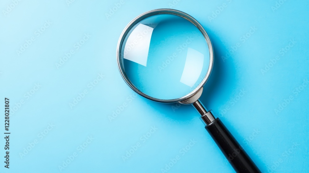 A Magnifying Glass Rests On A Light Blue Background. It'S Simple, Clean, And Ready For Investigation. A Magnifying Glass Rests On A Light Blue Background. It'S Simple, Clean, And Ready For Investigation.