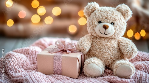 Teddy bear, gift, lights, blanket, cozy, home, winter, festive, presents, baby