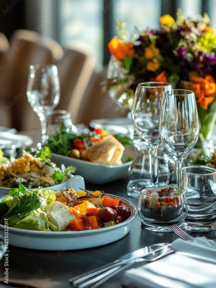 Fine dining table with gourmet food and wine glasses on tablecloth. Fine dining table with gourmet food and wine glasses on tablecloth.