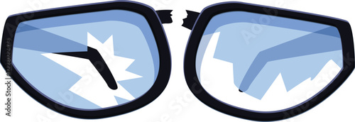 Broken eyeglasses with shattered lenses and a broken frame, symbolizing vision impairment, accident, or fragility