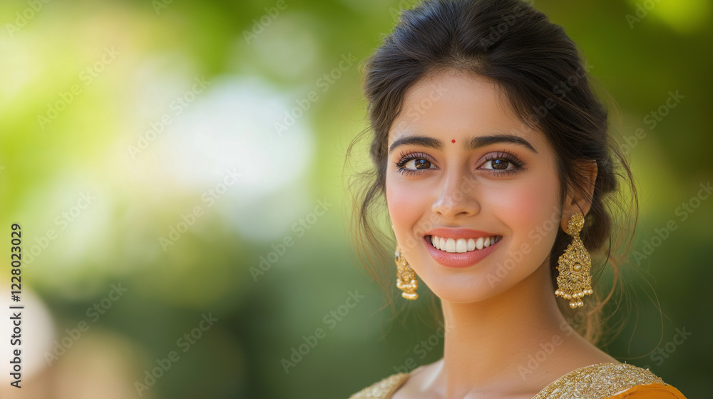 Young Indian woman smiling in traditional dress. Perfect for cultural and portrait photography. Young Indian woman smiling in traditional dress. Perfect for cultural and portrait photography.