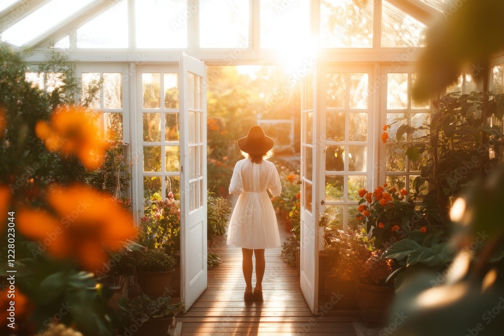 A person pushing open a large wooden door into a sunlit garden, with beams of light streaming through A person pushing open a large wooden door into a sunlit garden, with beams of light streaming through