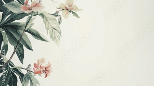Delicate Watercolor Floral Design.  Blush And Beige Flowers With Green Leaves On A Creamy Background. Elegant And Peaceful.
