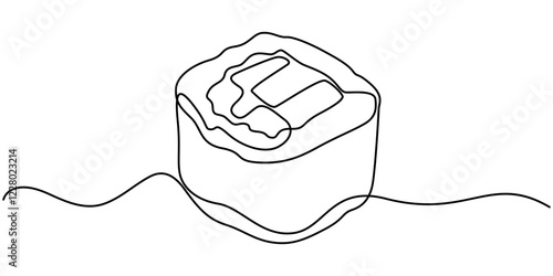 Continuous Line Drawing of Sushi Icon. Hand Drawn Symbol Vector Illustration, Japanese sushi roll continuous line drawing. Minimalist food art on white background, Nigiri set, sushi, salmon , Aburi. 