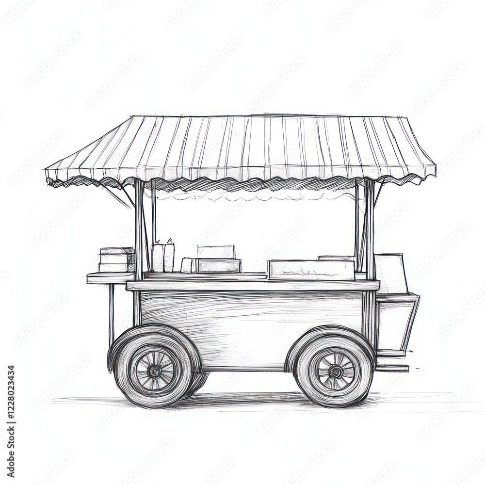 Obraz premium Sketch of food cart, street market, selling snacks