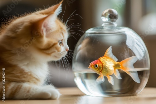 A pet cat observing a goldfish in a bowl, its tail flicking with curiosity as it leans closer photo