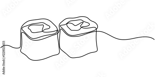 Continuous Line Drawing of Sushi Icon. Hand Drawn Symbol Vector Illustration, Japanese sushi roll continuous line drawing. Minimalist food art on white background, Nigiri set, sushi, salmon , Aburi. 