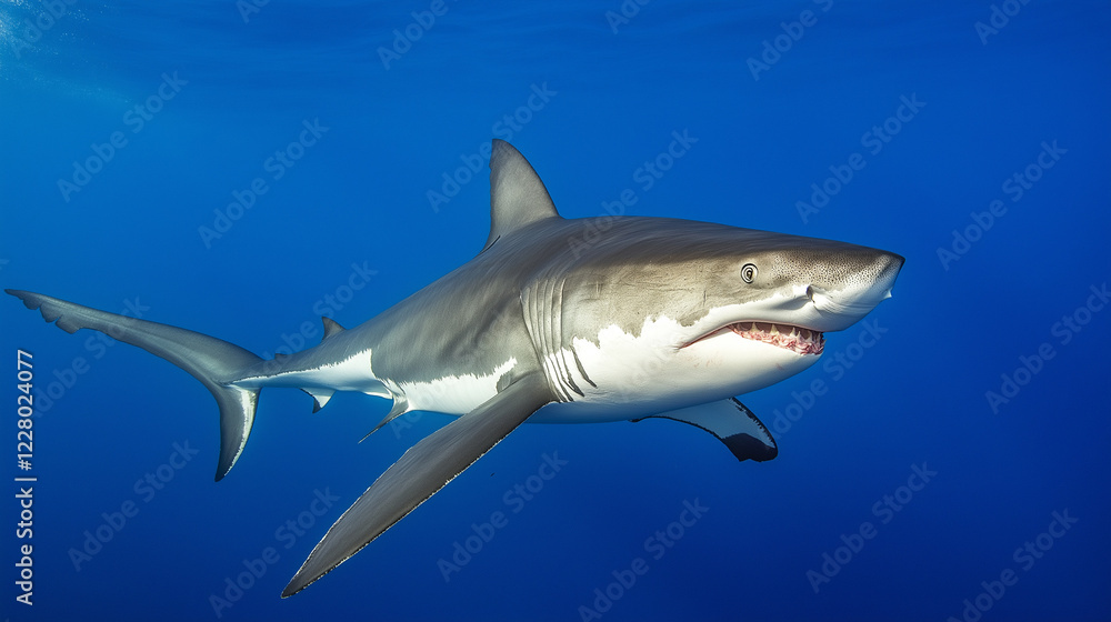 Naklejka premium Great white shark in blue ocean. Suitable for marine life and underwater photography.