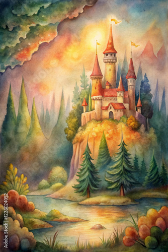 Watercolor fairy tale castle in forest in autumn.