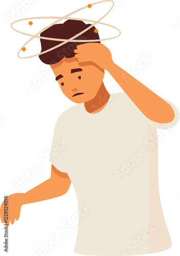 Man suffering dizziness and vertigo, touching his head with his hand
