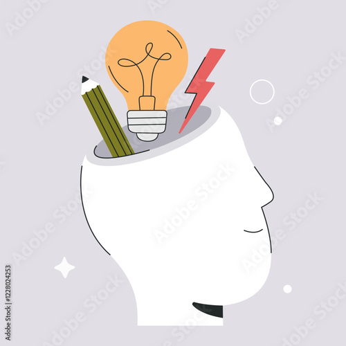 Open mind finding creative ideas or learning concept, brainstorm for business. Happy smiling person with light bulb in brain. Human head silhouette, vector illustration isolated on abstract background