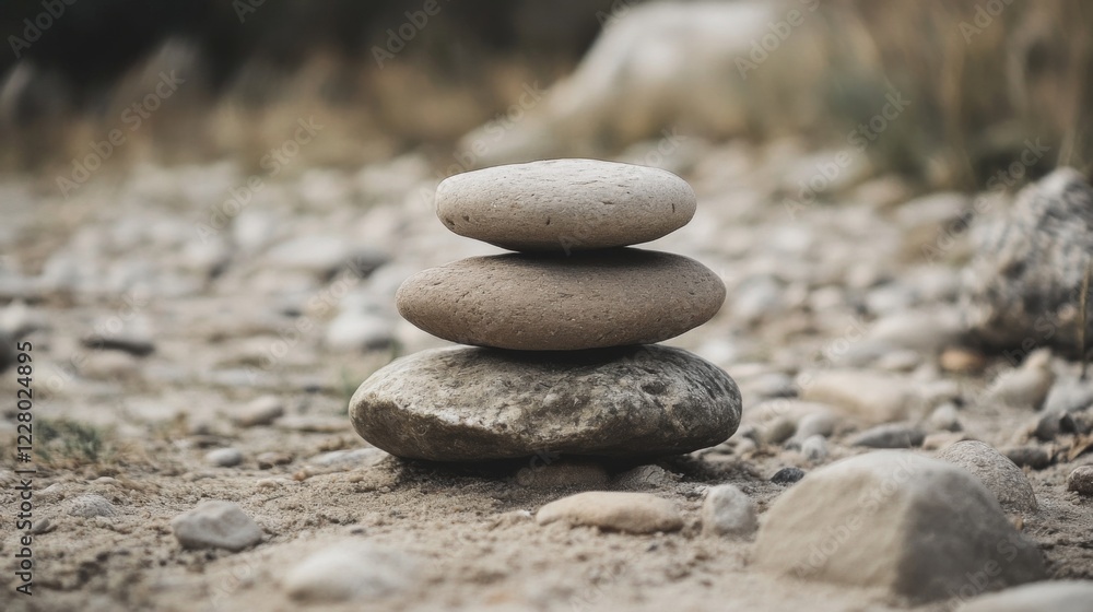 Three smooth stones stacked on a riverbank. Three smooth stones stacked on a riverbank.