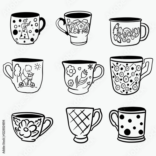 Hand drawn vector set of nine cups in retro black line style in doodle style, logo for tea shop, green and black tea branding, coffee, cafe, tea party