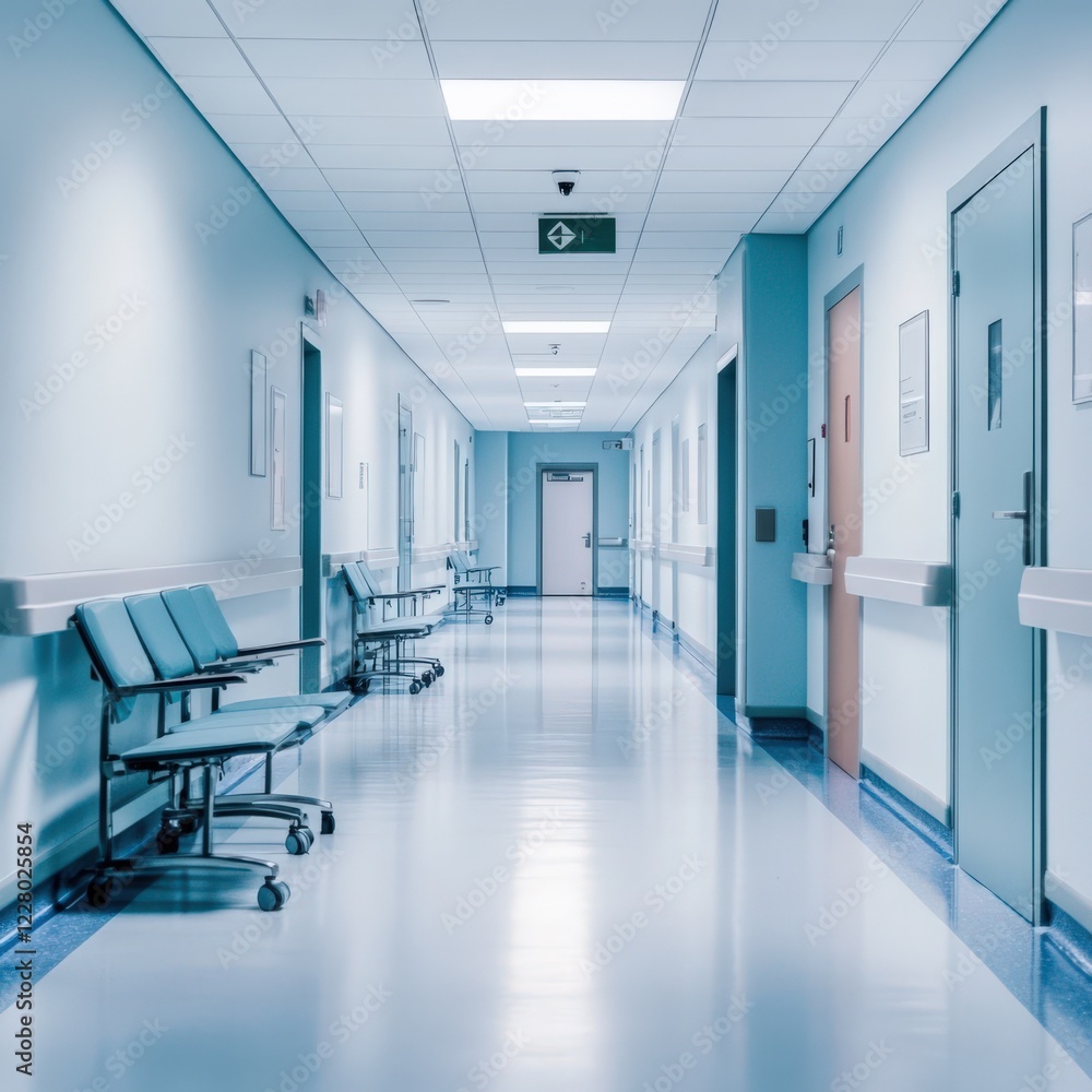 A long hallway with blue walls and blue chairs A long hallway with blue walls and blue chairs