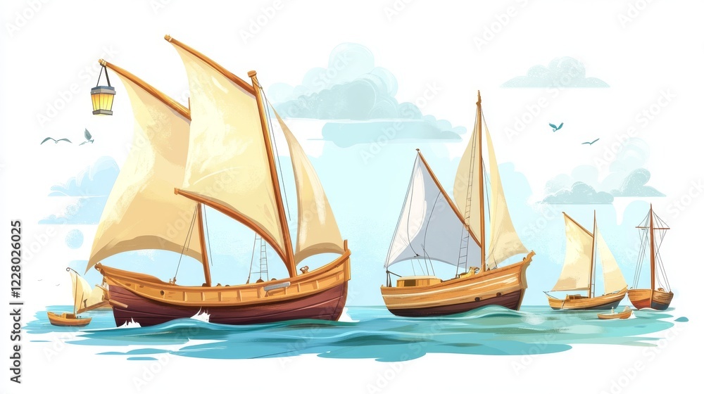 Obraz premium Floating sailboat with wooden deck, wind in masts and lamp. Cartoon vector illustration set of different size ships for cruise travel, fishing and sailing voyage. Marine transport and vessel.